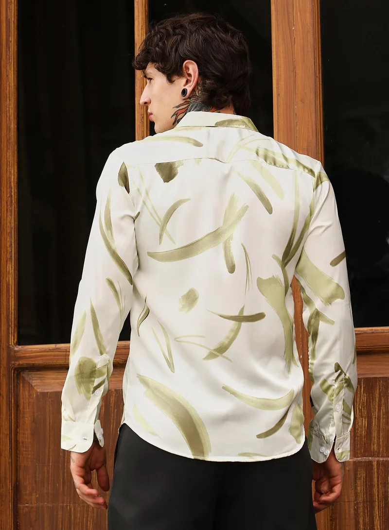 Campus Sutra Campus Sutra Men's Olive Green Contrast-Strokes Imprint Shirt | Spread Collar , Long Cuffed Sleeves , Button Closure , Curved Hem | Abstract Print Plain | Polyester Shirt For Casual Wear