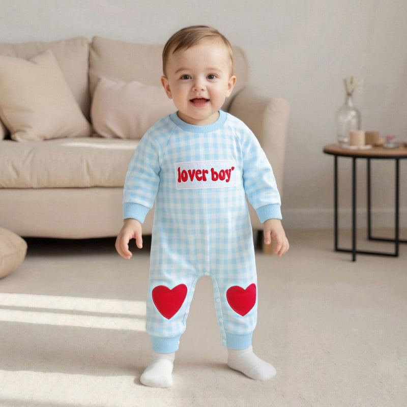 Mieeyali Baby Boy Valentines Day Outfit Lover Boy Baby Outfit Heart Romper Gingham Long Sleeve Jumpsuit Newborn Clothes (Blue Lover Boy, 12-18 Months) - Image 2