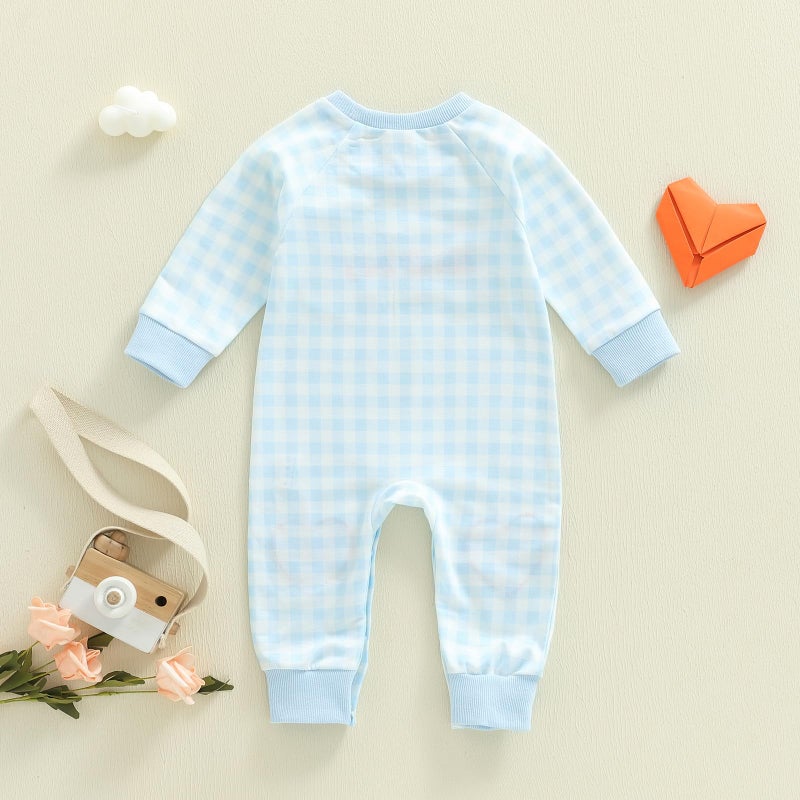 Mieeyali Baby Boy Valentines Day Outfit Lover Boy Baby Outfit Heart Romper Gingham Long Sleeve Jumpsuit Newborn Clothes (Blue Lover Boy, 12-18 Months) - Image 5