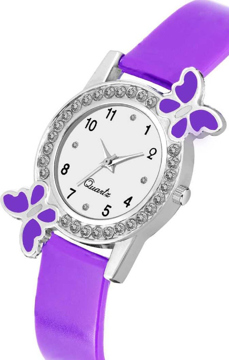 Acnos Polyurethane White Dial Purple Colors Diamond Analog Watch With Heart Bracelet For Girl Best Design Butterfly Combo 2 Pack Of 2, Purple Band - Image 3