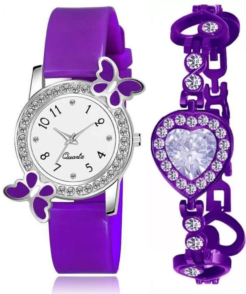 Acnos Polyurethane White Dial Purple Colors Diamond Analog Watch With Heart Bracelet For Girl Best Design Butterfly Combo 2 Pack Of 2, Purple Band - Image 1