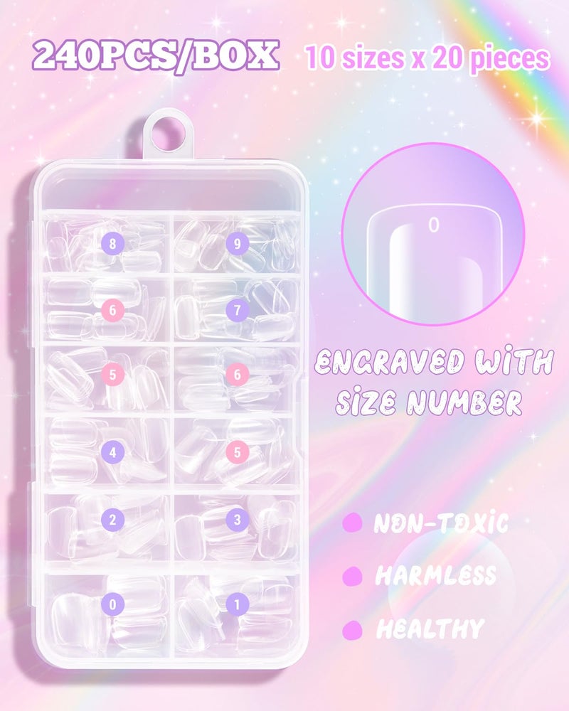 krofaue Kids Nail Tips - 240pcs Children Square Clear Press On Nails for Little Girls 10 Sizes Soft Gel Tips Extensions for DIY Decoration (9-12 years old) - Image 4