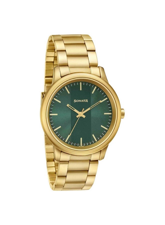 Sonata Utsav 7134YM04 Men’s Watch – Green Dial, Gold-Tone Stainless Steel Strap, Quartz Movement - Image 1