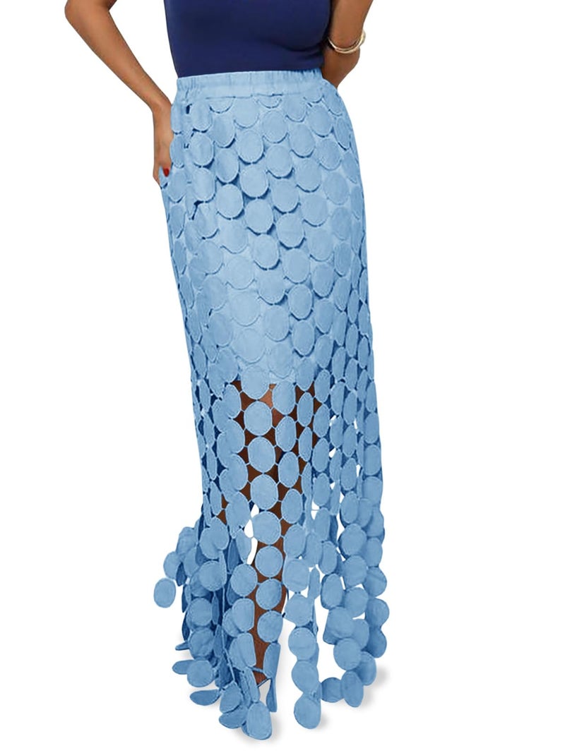 Cicy Bell Womens Hollow Out Maxi Skirts Summer High Waisted Boho Fringe Hem Long Skirt Light Blue - Image 1