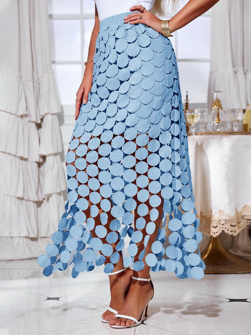 Cicy Bell Womens Hollow Out Maxi Skirts Summer High Waisted Boho Fringe Hem Long Skirt Light Blue - Image 2