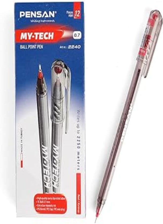 Pensan Pensan Ballpoint Pen - My-Tech 2240, 0.7 mm, Set of 12 Pieces, Red 