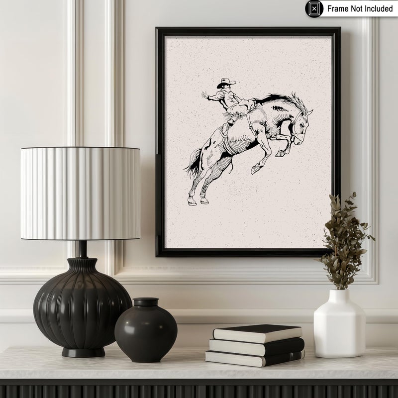 Poster Master Poster Master Cowboy on Bucking Horse Poster - Retro Rodeo Print - Cowboy Art - Western Art - Wild West Art - Gift for Him & Her - Great Decor for Ranch  Barn or Living Room - 8x10 UNFRAMED Wall Art  - Image 2