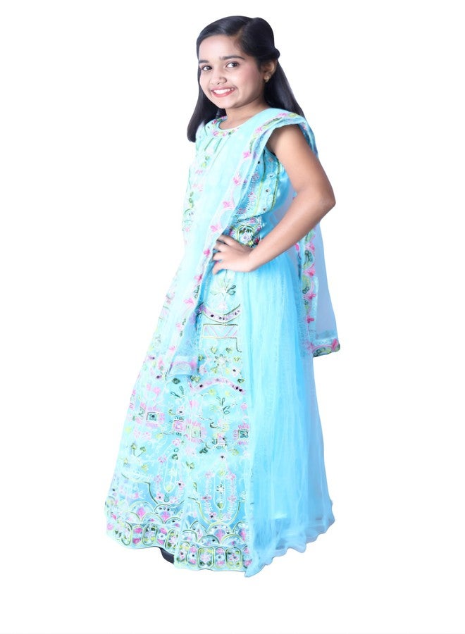 Bhakti Basket Girls Stylish Elegant Look Ankle Length Printed Lehnga Sky Blue Pack of 1 - Image 4