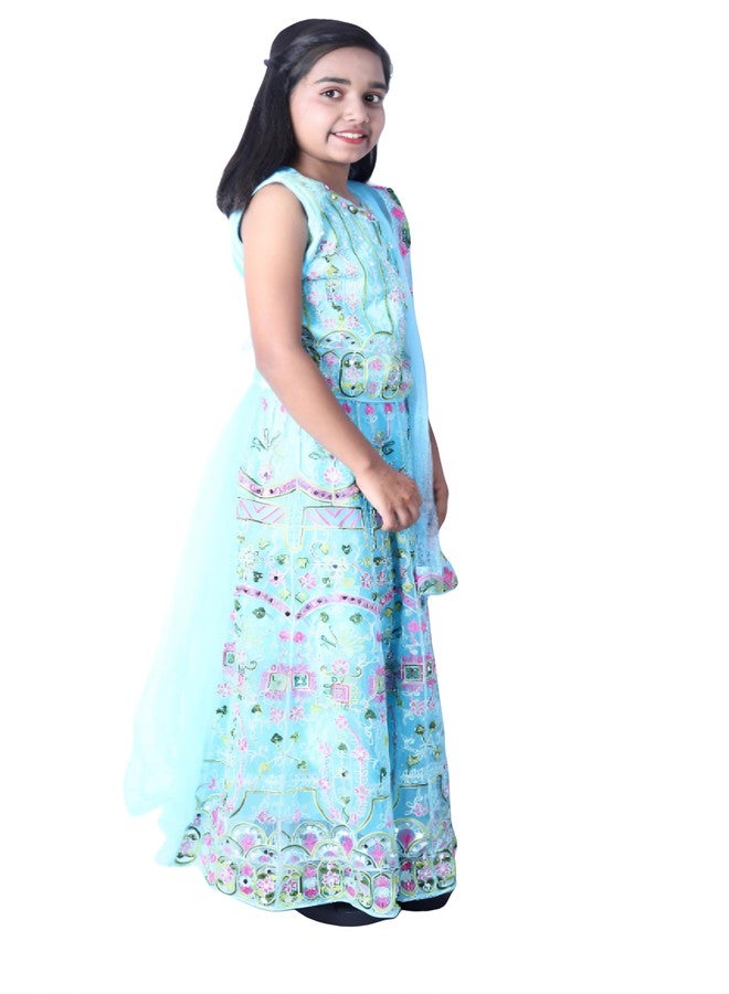 Bhakti Basket Girls Stylish Elegant Look Ankle Length Printed Lehnga Sky Blue Pack of 1 - Image 5