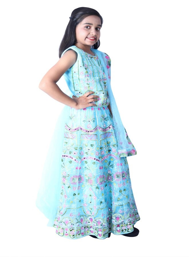 Bhakti Basket Girls Stylish Elegant Look Ankle Length Printed Lehnga Sky Blue Pack of 1 - Image 3