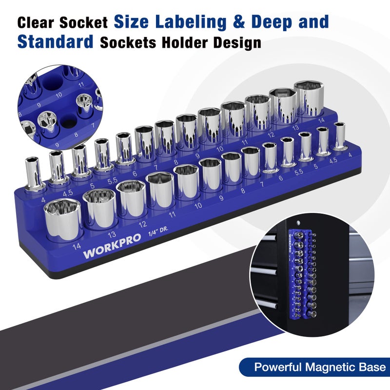 WORKPRO Magnetic Socket Organizer, 1/4-Inch Metric Socket Holder, Tool Trays Holds 26 Pieces Standard Size and Deep Size Sockets(Sockets not Included) - Image 5