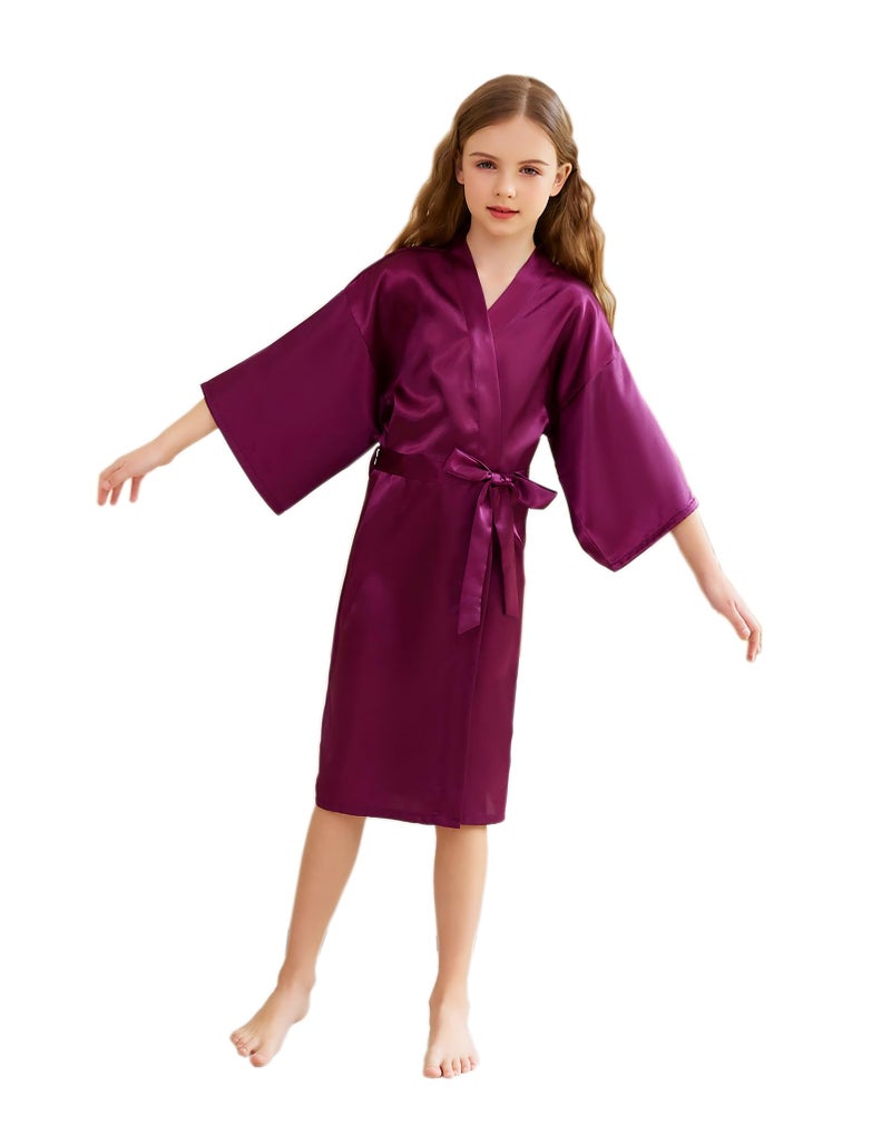 CuteOn Kids Girl's Satin Silky Kimono Robe for Spa Wedding Birthday Party Gifts Dark purple Size 3-5 Years - Image 1
