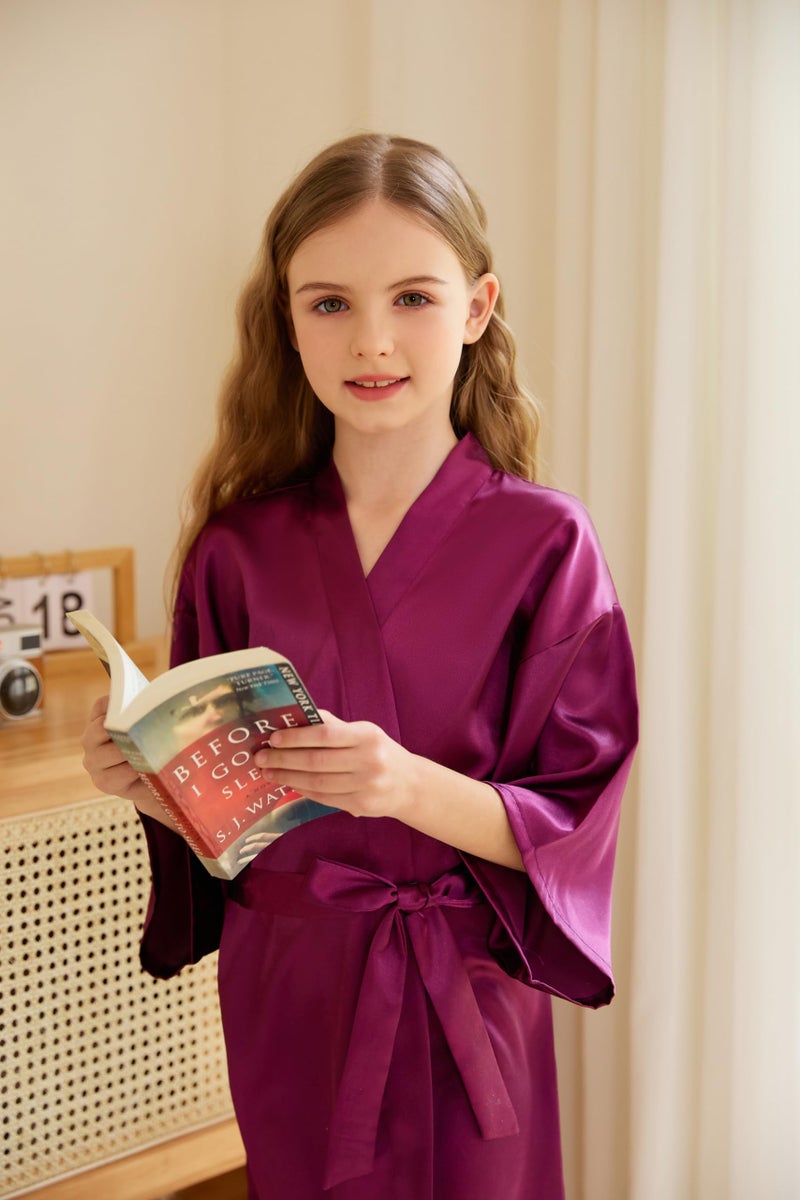 CuteOn Kids Girl's Satin Silky Kimono Robe for Spa Wedding Birthday Party Gifts Dark purple Size 3-5 Years - Image 3