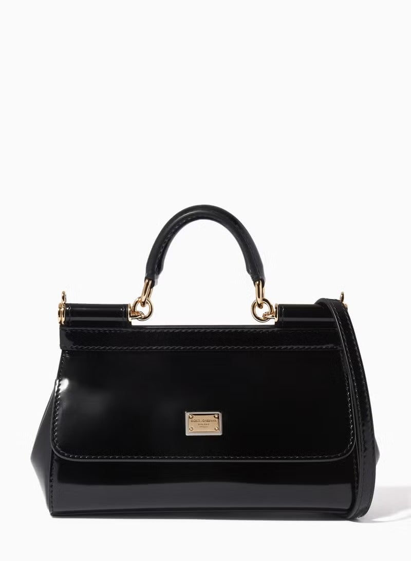 D&G Dolce & Gabbana Small East West Sicily Top-handle Bag in Glossy leather, Women's Tote Bag, Women's Hand Bag, Women's Shoulder Bag, Women's Cross Body Bag, Women's Travel Bag, Black-17cm - Image 1