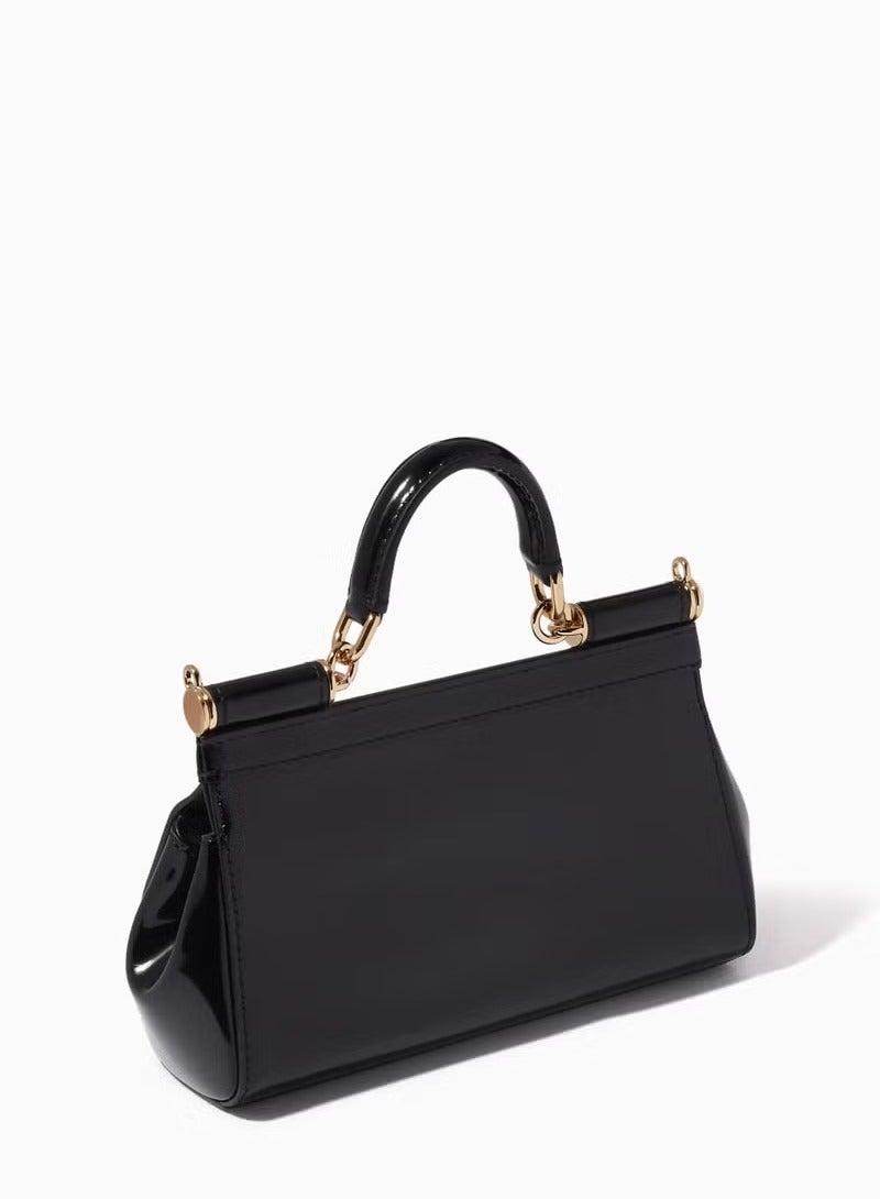 D&G Dolce & Gabbana Small East West Sicily Top-handle Bag in Glossy leather, Women's Tote Bag, Women's Hand Bag, Women's Shoulder Bag, Women's Cross Body Bag, Women's Travel Bag, Black-17cm - Image 3