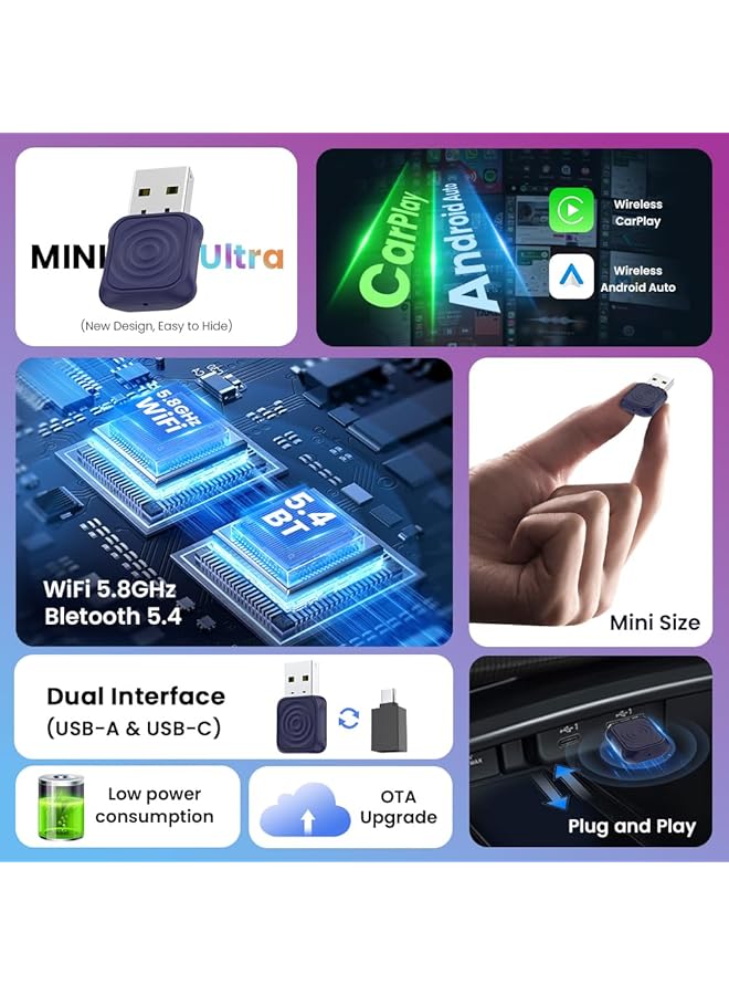 Carlinkit Mini Wireless Carplay Android Auto Adapter, Ultra Series, Esay To Hide, Stable Connetion, Work With Usb-A/Type-C Port, Retain Original Controls & Audio (Deep Blue) - Image 4