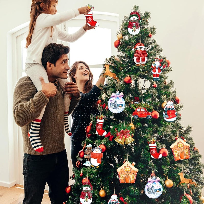 Woanger 36 قطعة زينة شجرة عيد الميلاد زينة عتيقة رنة شاحنة حمراء رجل ثلج سانتا كلوز زينة لشجرة عيد الميلاد شرائح خشبية معلقة للحرف اليدوية في عيد الميلاد - Image 5