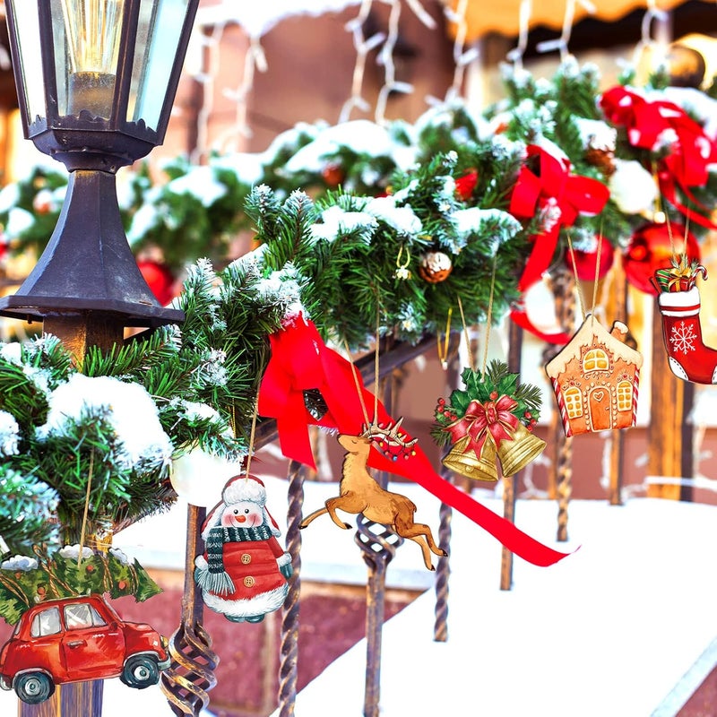 Woanger 36 قطعة زينة شجرة عيد الميلاد زينة عتيقة رنة شاحنة حمراء رجل ثلج سانتا كلوز زينة لشجرة عيد الميلاد شرائح خشبية معلقة للحرف اليدوية في عيد الميلاد - Image 4