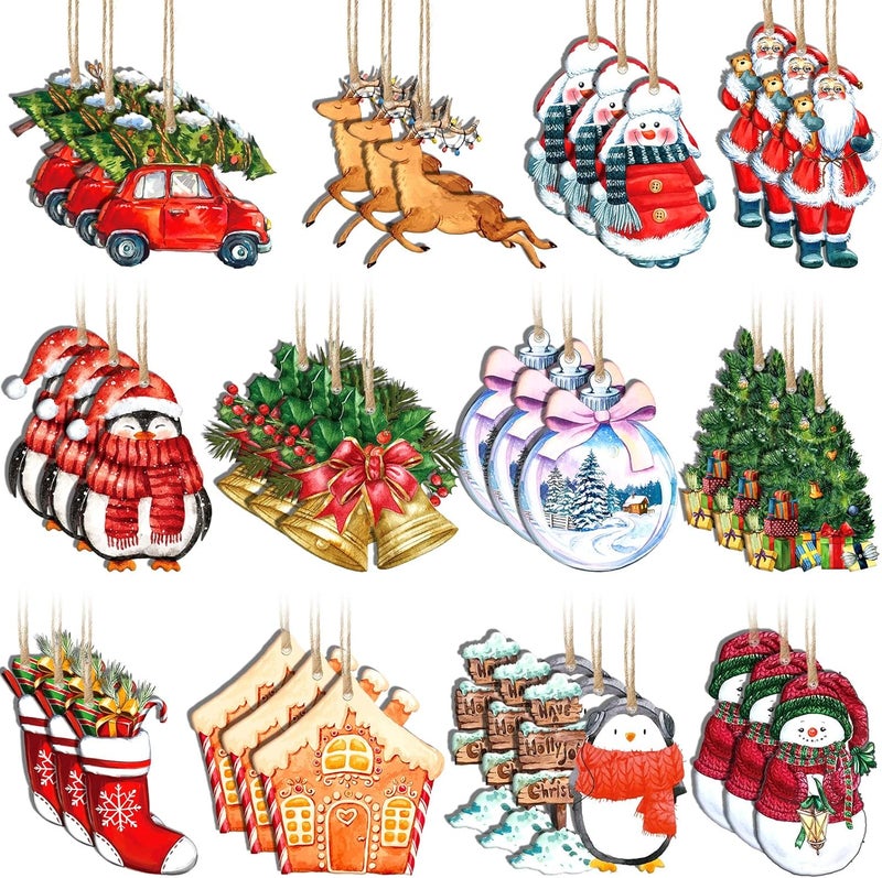 Woanger 36 قطعة زينة شجرة عيد الميلاد زينة عتيقة رنة شاحنة حمراء رجل ثلج سانتا كلوز زينة لشجرة عيد الميلاد شرائح خشبية معلقة للحرف اليدوية في عيد الميلاد - Image 1