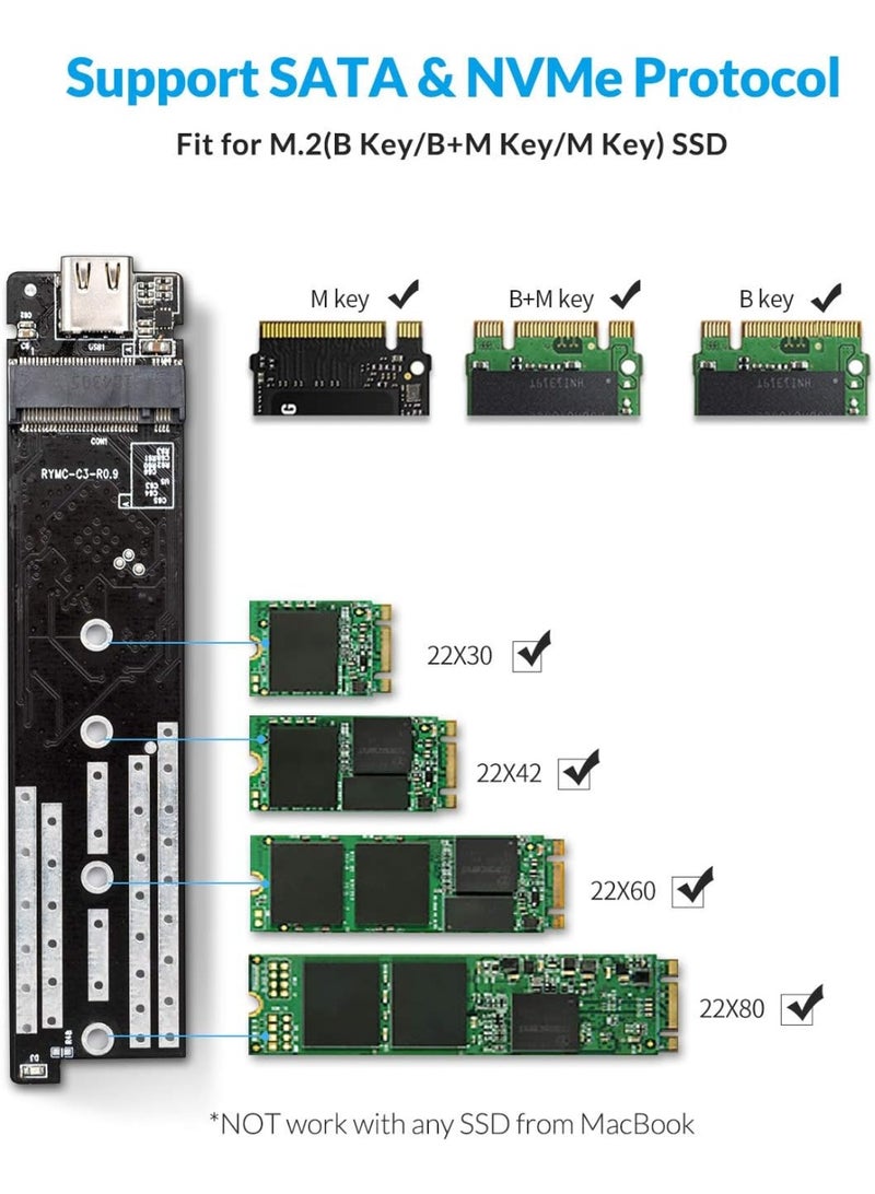 M.2 SSD Enclosure USB Type-C 10Gbps, Tool-Free External Case for NVMe and SATA M.2 SSD, Supports 2230/2242/2260/2280 Drives up to 2TB - Image 3