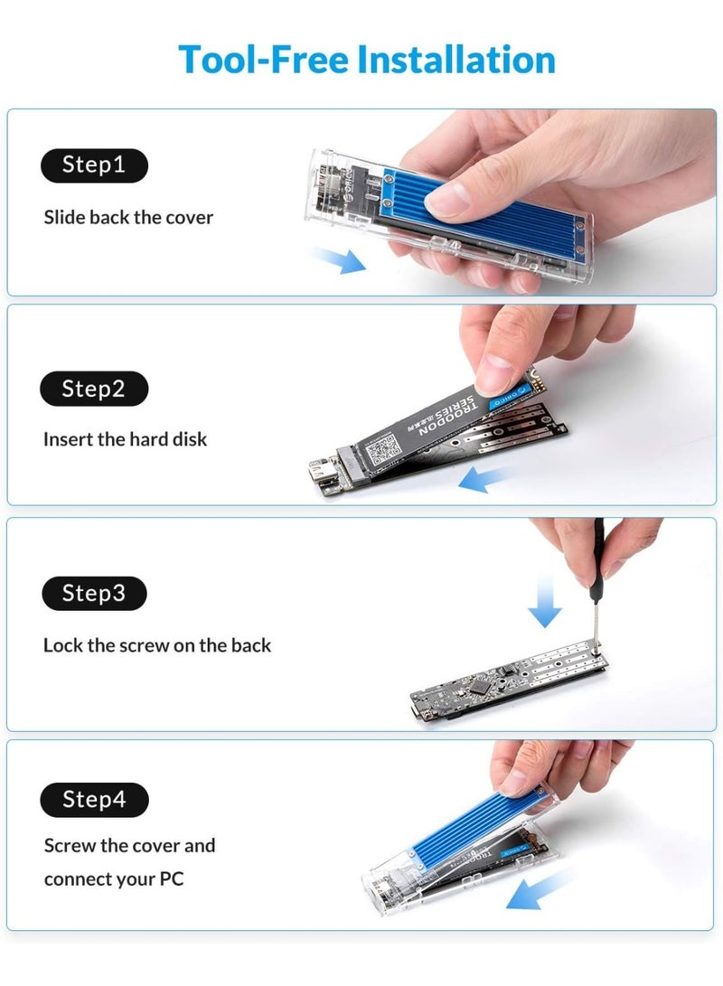 M.2 SSD Enclosure USB Type-C 10Gbps, Tool-Free External Case for NVMe and SATA M.2 SSD, Supports 2230/2242/2260/2280 Drives up to 2TB - Image 4