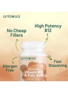 ambrosial Vitamin B12 1000 Mcg + 500 Mcg Folic Acid Reduction Of Tiredness And Fatigue B12 Supplement Pack Of 1-120 Capsules  - Image 3