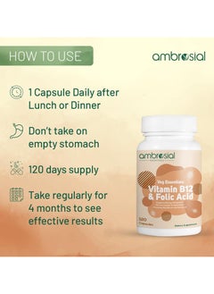 ambrosial Vitamin B12 1000 Mcg + 500 Mcg Folic Acid Reduction Of Tiredness And Fatigue B12 Supplement Pack Of 1-120 Capsules  - Image 5