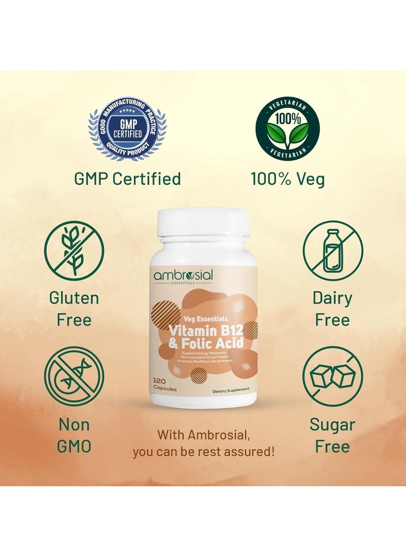 ambrosial - Vitamin B12 1000 Mcg + 500 Mcg Folic Acid Reduction Of Tiredness And Fatigue B12 Supplement Pack Of 1-120 Capsules - Image 1