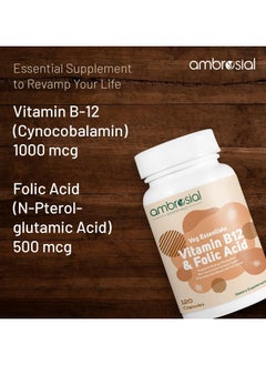 ambrosial Vitamin B12 1000 Mcg + 500 Mcg Folic Acid Reduction Of Tiredness And Fatigue B12 Supplement Pack Of 1-120 Capsules  - Image 4