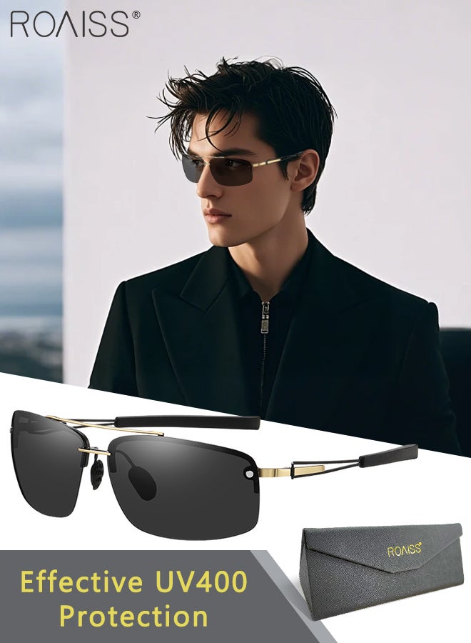 رويس نظارات شمسية مستطيلة مستقطبة بدون إطار للرجال، نظارات شمسية عصرية بجسر مزدوج، نظارات شمسية مضادة للتوهج مناسبة للرجال لركوب الدراجات والقيادة وصيد الأسماك - Image 1