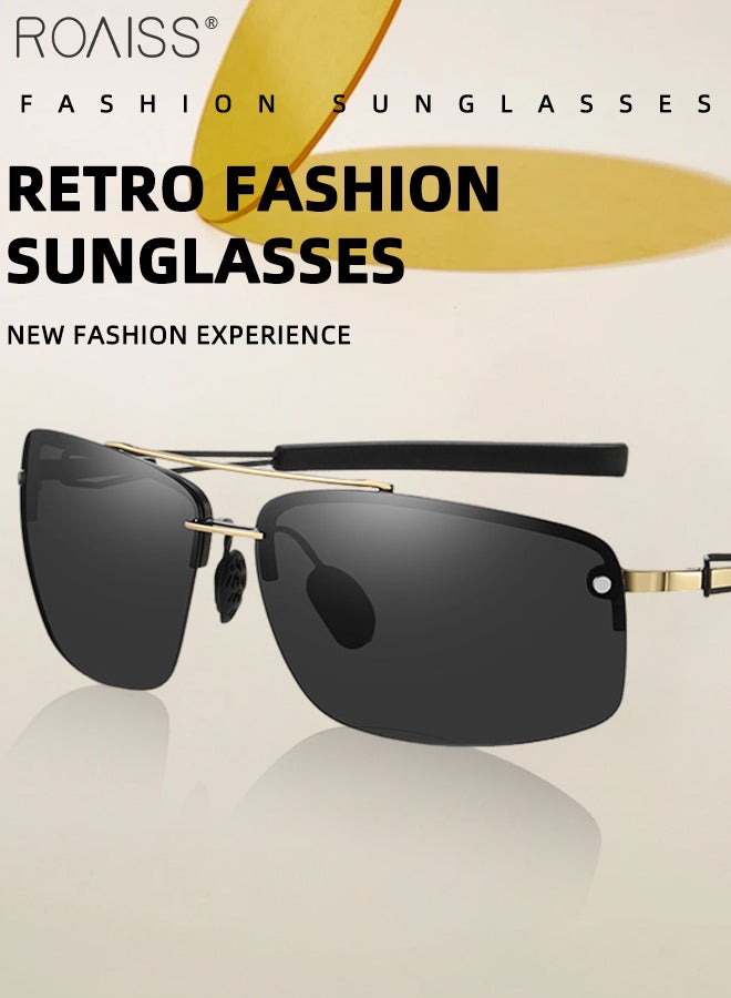 رويس نظارات شمسية مستطيلة مستقطبة بدون إطار للرجال، نظارات شمسية عصرية بجسر مزدوج، نظارات شمسية مضادة للتوهج مناسبة للرجال لركوب الدراجات والقيادة وصيد الأسماك - Image 5