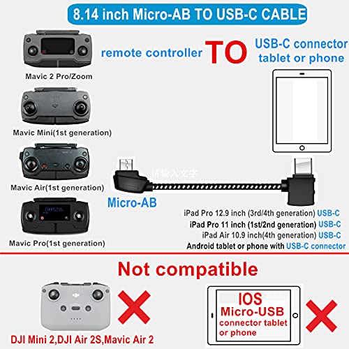 Hanatora Micro-AB to USB C 8.14 Inch Remote Controller Cable for DJI Mavic Mini, Mini SE & Mavic 2 Pro/Zoom, Air, Pro Platinum; OTG Nylon Braided Type C Tablet Data Cord (Type-C Connector) - Image 2