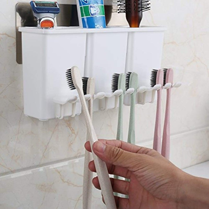 AJARVAR Premium Wall Mount Toothbrush Combination Holder with 3 Cups Self-Adhesive Bathroom Shower Storage Organizer - Image 2