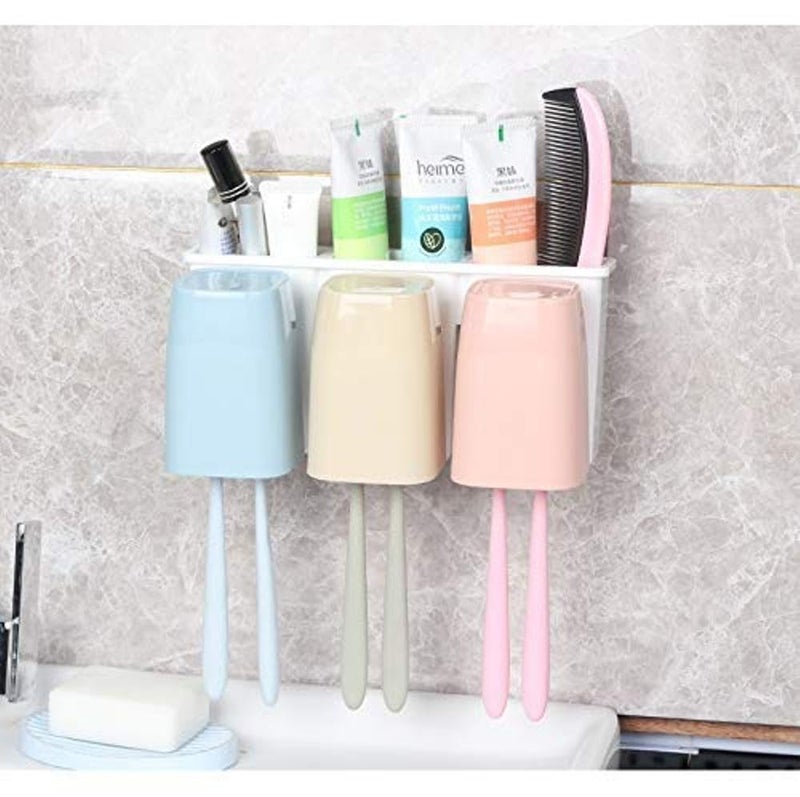 AJARVAR Premium Wall Mount Toothbrush Combination Holder with 3 Cups Self-Adhesive Bathroom Shower Storage Organizer - Image 1
