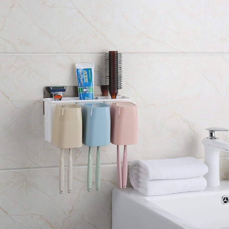 AJARVAR Premium Wall Mount Toothbrush Combination Holder with 3 Cups Self-Adhesive Bathroom Shower Storage Organizer - Image 4