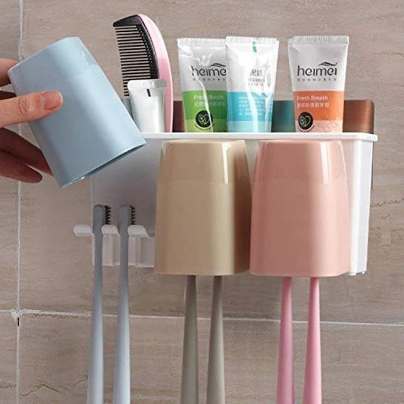 AJARVAR Premium Wall Mount Toothbrush Combination Holder with 3 Cups Self-Adhesive Bathroom Shower Storage Organizer - Image 3
