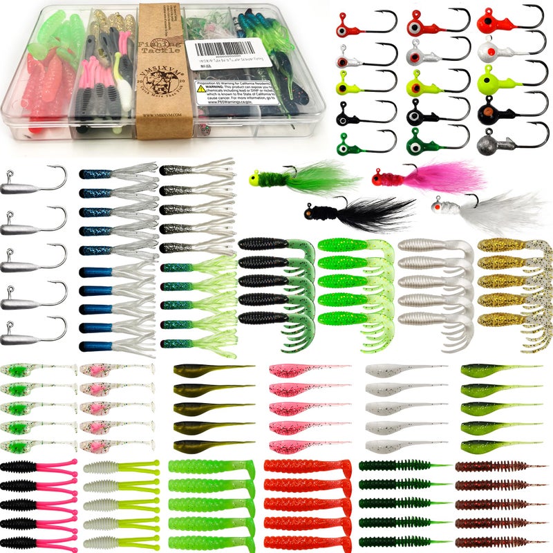 VMSIXVM Crappie Lures Tube Lures Jigs Heads Worms Swimbaits Kit, 165, 124, 50 Pcs Pre-Rigged Crappie Jigs Tube Hooks Soft Plastic Grub Worms Baits for Bass Trout Freshwater Saltwater Fishing - Image 1