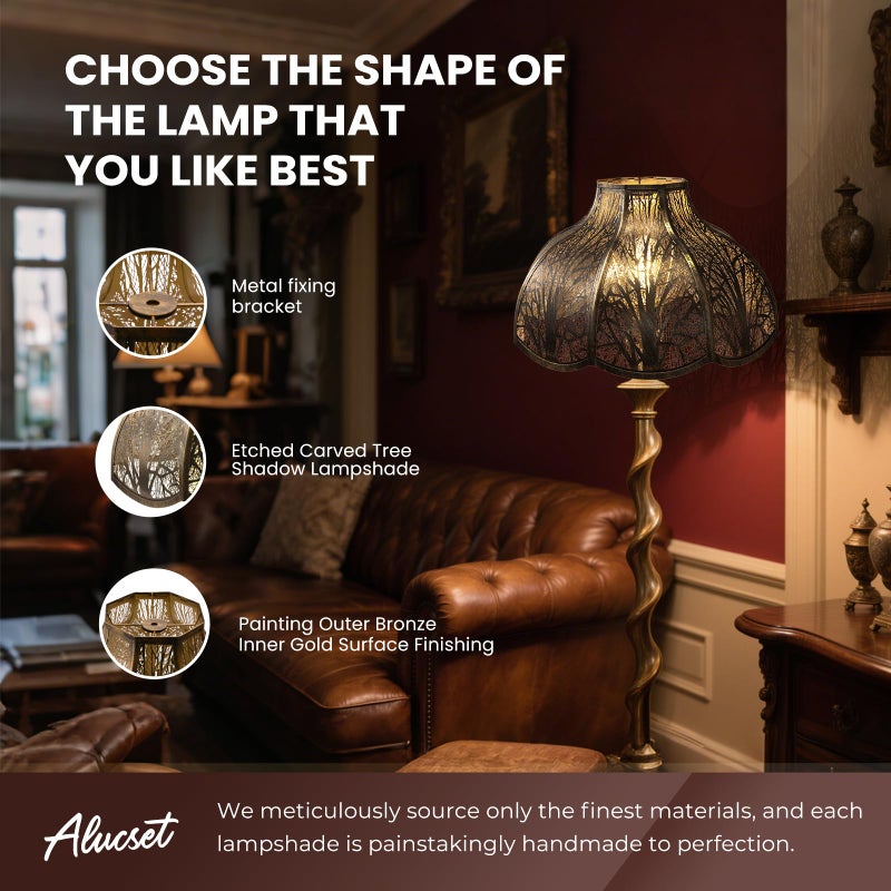 ALUCSET Octagonal Large Lampshade, Lotus Shaped Etched Forest Metal Lamp Shade Replacement for Table and Floor Light Cover, Antique Bronze and Gold, 6" Top x 17" Bottom x 11" High Large Lampshades - Image 2