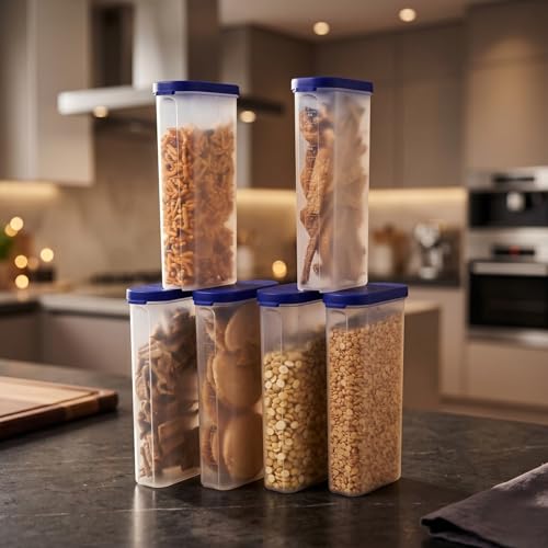 Mahaware Modular Mini Oval Plastic Kitchen Storage Box Set of 6 (425ml) – Airtight Masala Container for Spice & Dry Items, Multipurpose Pantry Organizer Jars with Lids, Blue - Image 1