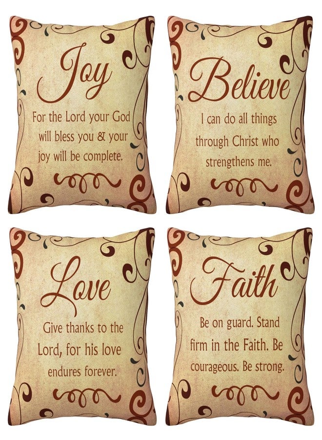 NIDITW Set of 4 Gift Scripture Sayings Joy Love Faith Believe I Can Do All Things Through Christmas Who Strengthen Me Vintage Body Burlap Throw Pillow Case Cover Sofa Decorative Square 18 Inches - Image 1