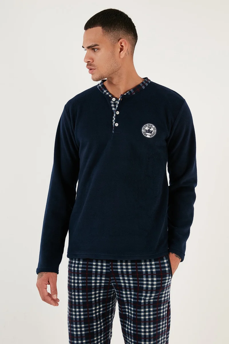 Buratti Plaid Regular Fit Buttoned Crew Neck Winter Fleece Pajama Set Men's Pajama Set 60961002