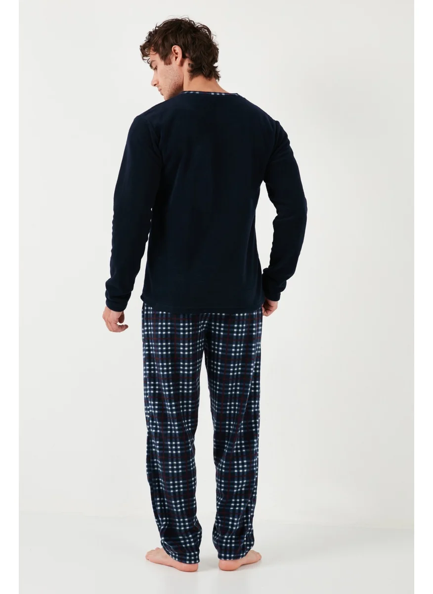 Buratti Plaid Regular Fit Buttoned Crew Neck Winter Fleece Pajama Set Men's Pajama Set 60961002