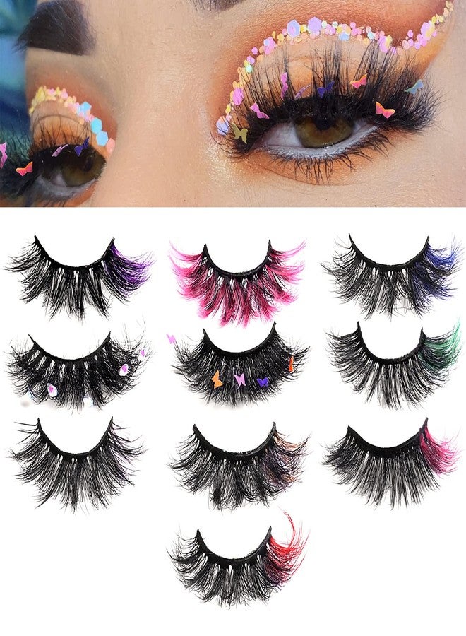 outopen 10 Pairs Lashes with Color on End, Colored Lashes Set, 6D Long Fluffy Mink False Eyelashes with Rhinestone, Dramatic Butterfly Lashes, Halloween Cosplay Masquerade Party Daily Eye Makeup Tools - Image 1