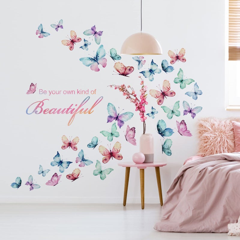 Mfault Girls Butterfly Be Your Own Kind of Beautiful Inspirational Quote Wall Decal Sticker Watercolor Positive Saying Decorations Bedroom Living Room Art Motivational Home Kitchen Blue Purple Decor
