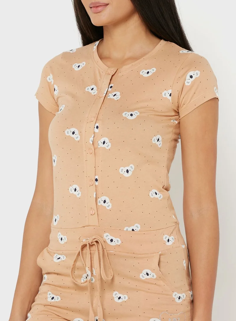 Sweet Dreams Printed Button Detail Nightdress