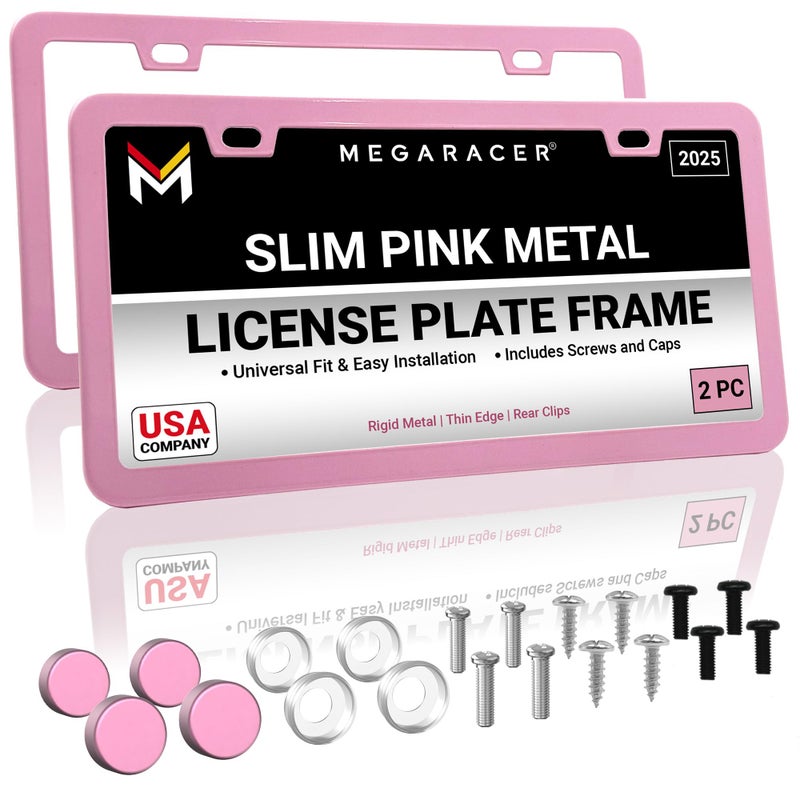 Mega Racer Premium Princess Pink License Plate Frames â€“ 2 Pack, Rust-Free Stainless Steel, Street Legal, Rattle-Free, Universal Slim Design with Screw Caps, Durable Car Tag Holders for Women, Cute & Girly Gift - Image 1