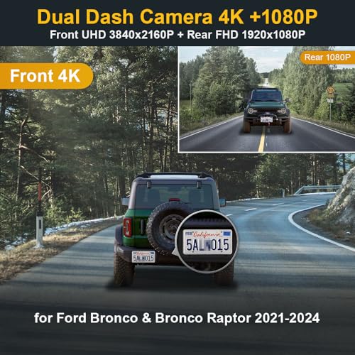 FITCAMX كاميرا داش فيت كام إكس 2160P + 1080P خلفية مناسبة لفورد برونكو ورابور 2021-2024 (غير مناسبة لبرونكو سبورت) HD2-14873، مظهر OEM، فيديو مزدوج بدقة HD، واي فاي وتطبيق، تسجيل متكرر، حساس G، سهل الاستخدام، بطاقة 128GB - Image 3