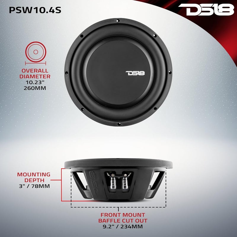 DS18 PSW10.4S 10" Shallow Mount Subwoofer - 1000 Watts Max Power, 500 Watts RMS, Water Resistant - Image 4