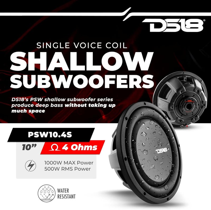 DS18 PSW10.4S 10" Shallow Mount Subwoofer - 1000 Watts Max Power, 500 Watts RMS, Water Resistant - Image 2