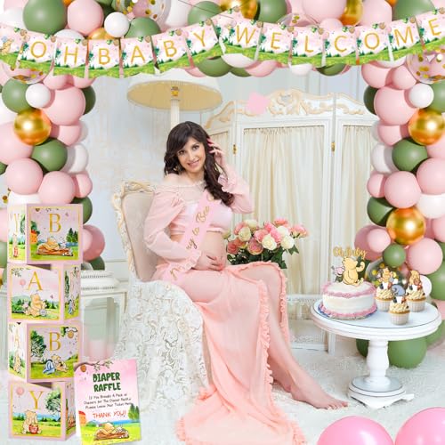 Vistico 154 PCS Pink Winnie Baby Shower Decorations Kit Vintage Winnie Party Supplies Decorations Allin1Balloon Garland Arch Backdrop Tablecloth Cake Topper Banner Box Decorations for Girl Baby Shower - Image 5